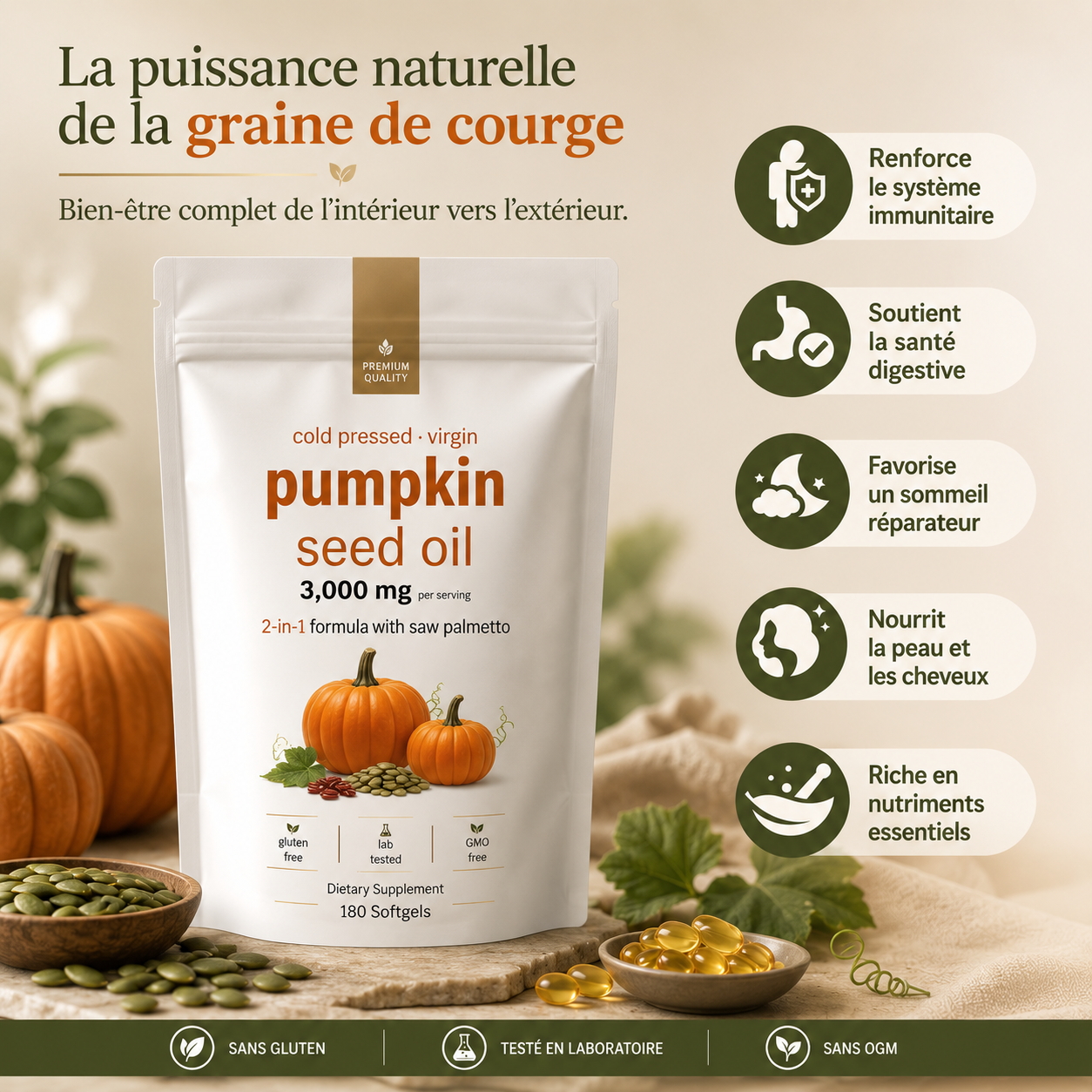 Huile de Graines de Citrouille avec Palmier Nain - Bien-être complet de l’intérieur vers l’extérieur